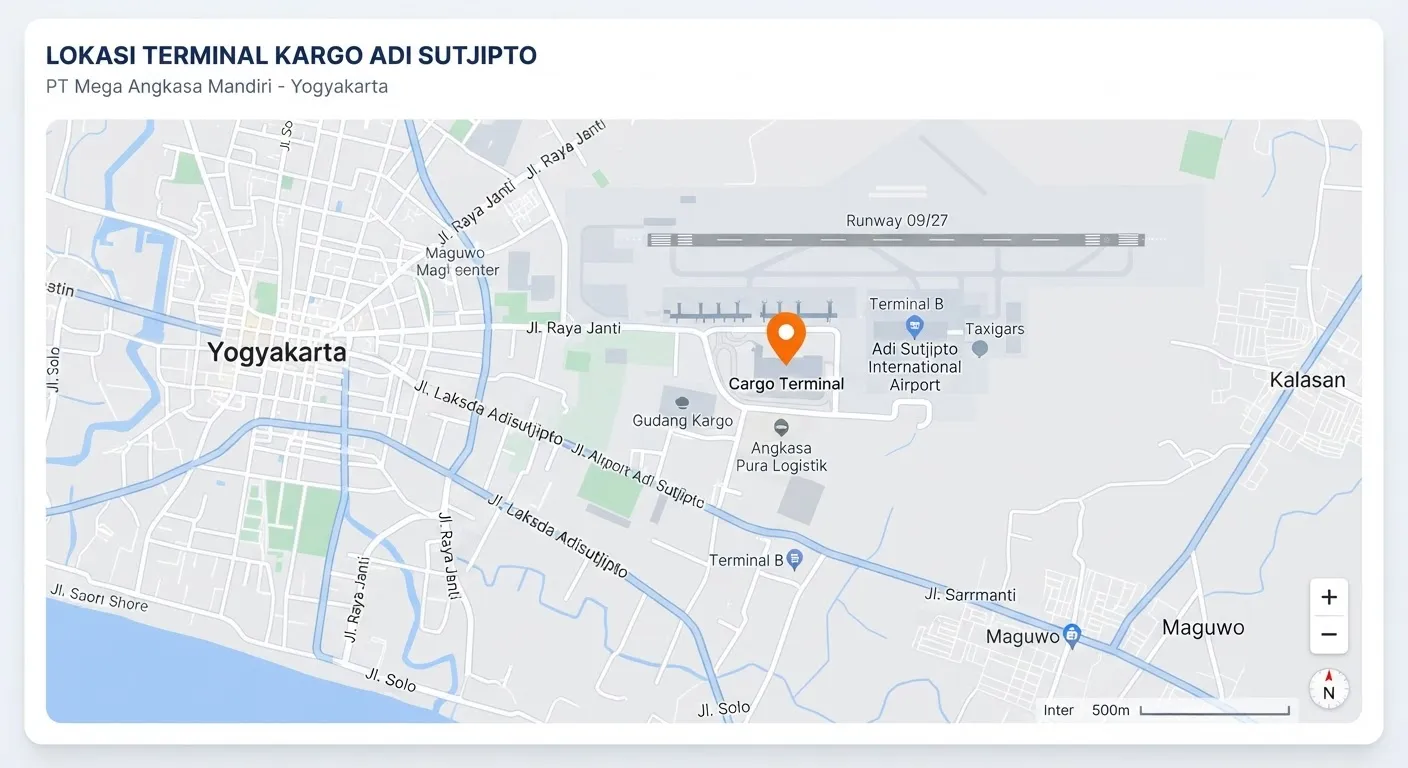 Peta lokasi kantor PT Mega Angkasa Mandiri di Terminal Kargo Bandara Adi Sutjipto, Yogyakarta