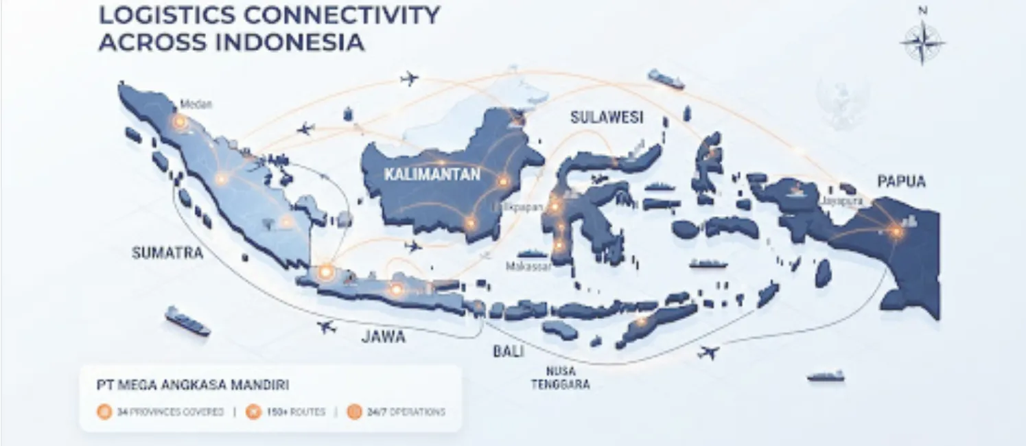 Peta jaringan konektivitas logistik PT Mega Angkasa Mandiri di seluruh Indonesia, menampilkan rute udara, laut, dan darat antarpulau