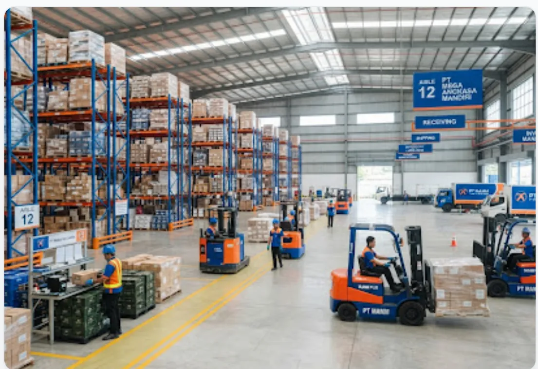 Gudang logistik PT Mega Angkasa Mandiri dengan rak penyimpanan, forklift, dan tim operasional profesional